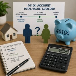 401(k) retirement account timeline showing eight years of premarital contributions, 20 years of marital contributions and a $900,000 account value at divorce.