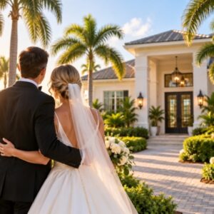 Newlywed couple in wedding attire facing their Florida home, illustrating adding a spouse to a property deed after marriage.