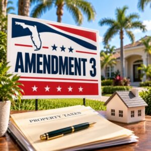 Amendment 3 sign outside a Florida home with property tax documents, illustrating proposed changes to Florida’s homestead exemption.