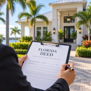 Florida deed on a clipboard held in front of a waterfront home with palm trees and tropical landscaping.
