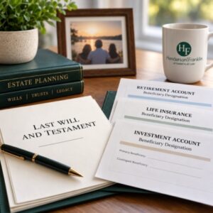 Florida estate planning documents, including a Last Will and Testament and beneficiary designation forms for retirement, life insurance and investment accounts, displayed on an attorney’s desk.