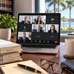 Remote Florida mediation on a laptop with attorneys participating by video and other participants’ cameras turned off, illustrating proposed camera requirements for virtual mediation.