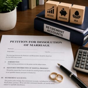Retirement accounts, wedding rings and divorce documents representing the division of 401(k), pension and IRA assets in a Florida divorce.