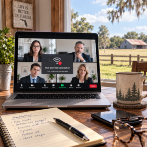 Remote mediation from a rural Florida home interrupted by a poor internet connection, illustrating connectivity concerns with camera requirements for virtual mediation.