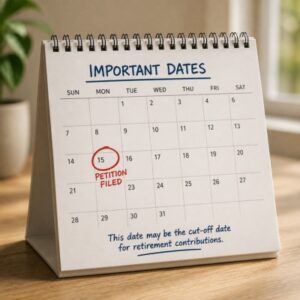 Calendar marking the petition filing date as a potential cut-off date for retirement contributions in a Florida divorce.