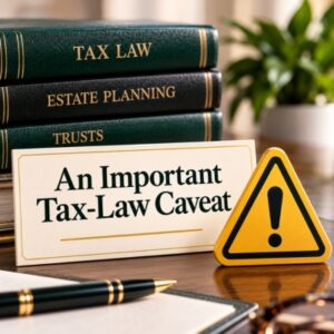 Tax law and estate planning books beside a caution symbol highlighting an important tax-law caveat for trust planning.