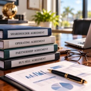 Shareholder, operating, partnership and buy-sell agreements organized on a professional office desk alongside business valuation documents.