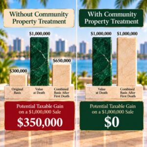 Comparison of tax basis with and without community property treatment, showing a potential $350,000 taxable gain versus $0 after a full basis adjustment.