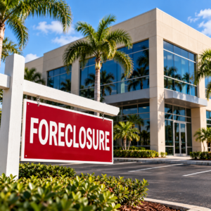Commercial office building in Florida with a foreclosure sign displayed in front of the property.