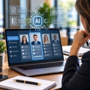 AI-assisted recruiting platform screening and ranking job candidates while an HR professional reviews the results.