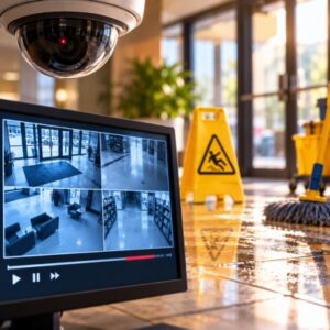Surveillance camera and security monitor showing a business entrance, with a wet floor and cleaning equipment illustrating evidence that may disappear after a customer injury.