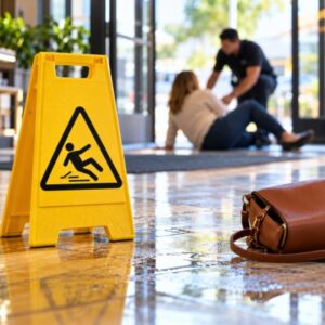 Customer on the floor after a slip-and-fall near a business entrance as an employee assists, with a wet floor warning sign and spilled water nearby.