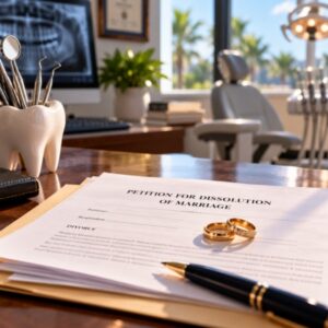 Divorce papers and wedding rings on a dentist’s desk with dental equipment and a treatment chair in the background.