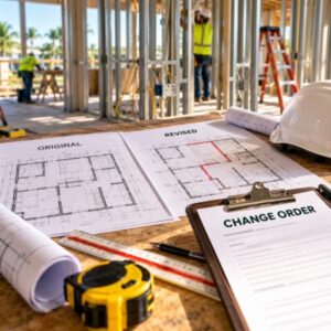 Original and revised construction plans with a change order on an active Florida jobsite, illustrating the importance of documenting changes and extra work.