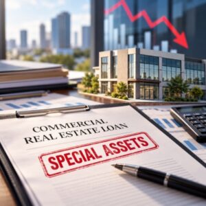 Commercial real estate loan documents marked “Special Assets” with a model office building and declining financial chart.