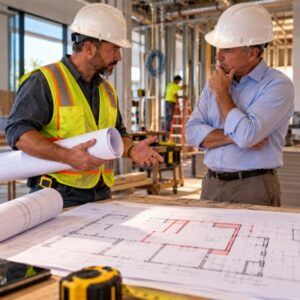 Original and revised construction plans with a change order on an active jobsite, illustrating changes to project scope and the importance of documenting extra work.