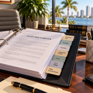 Commercial loan documents organized in a tabbed legal binder on a Florida law firm desk, including a promissory note, mortgage, guaranties, assignments of rents, leases and UCC filings.